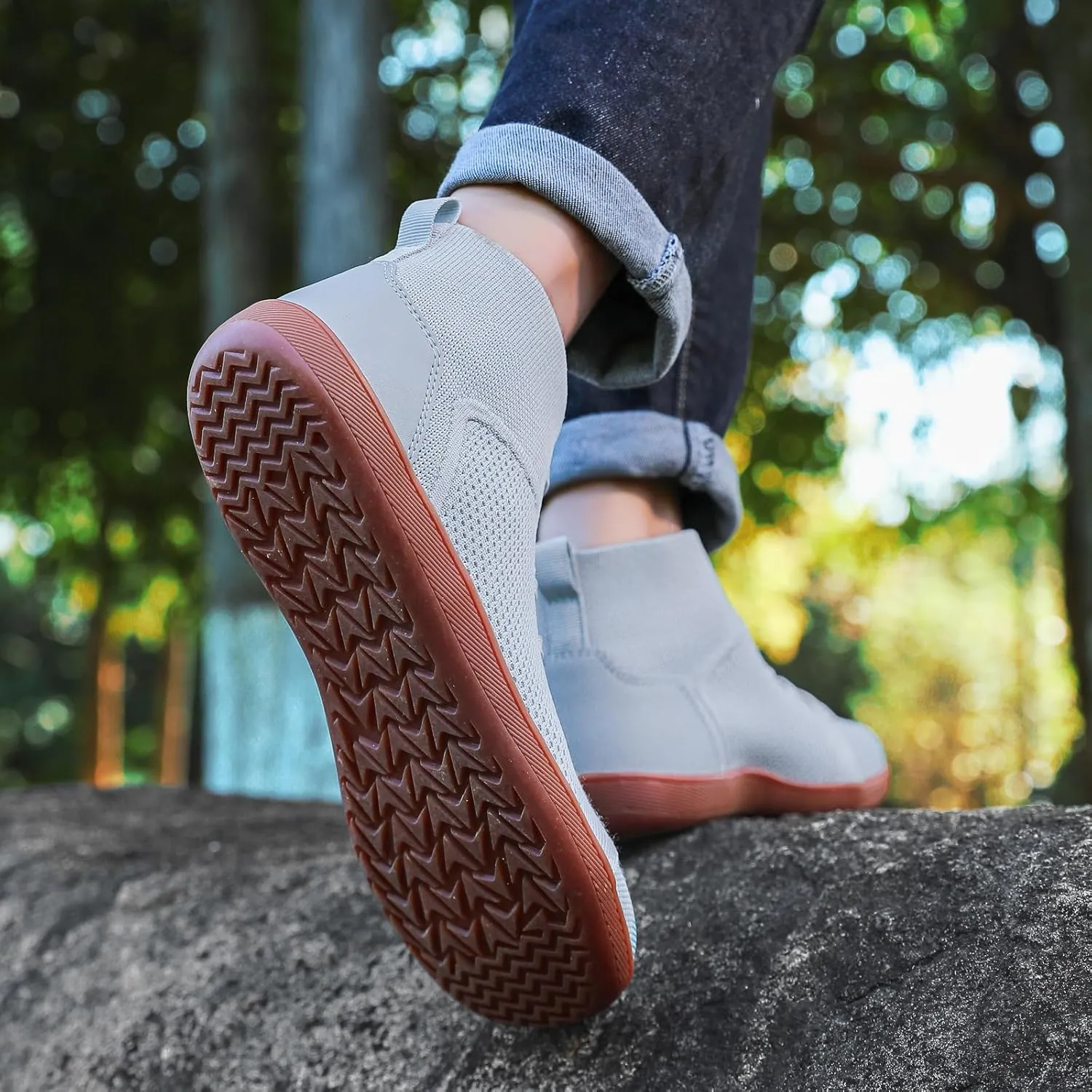 XENTORD Men's Minimalist Barefoot Shoes - Knit Lace-Up High Top Boots with Wide Toe Box Zero Drop Sole for Outdoor Driving & Walking | Lightweight Comfortable & Anti-Slip