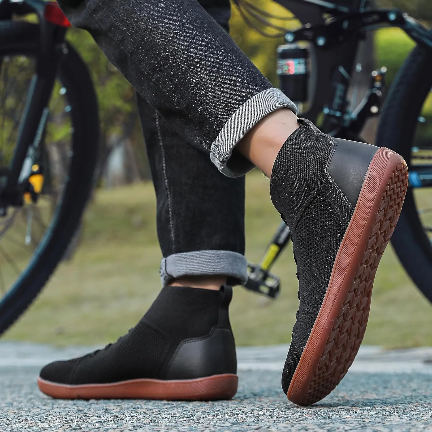 XENTORD Men's Minimalist Barefoot Shoes - Knit Lace-Up High Top Boots with Wide Toe Box Zero Drop Sole for Outdoor Driving & Walking | Lightweight Comfortable & Anti-Slip