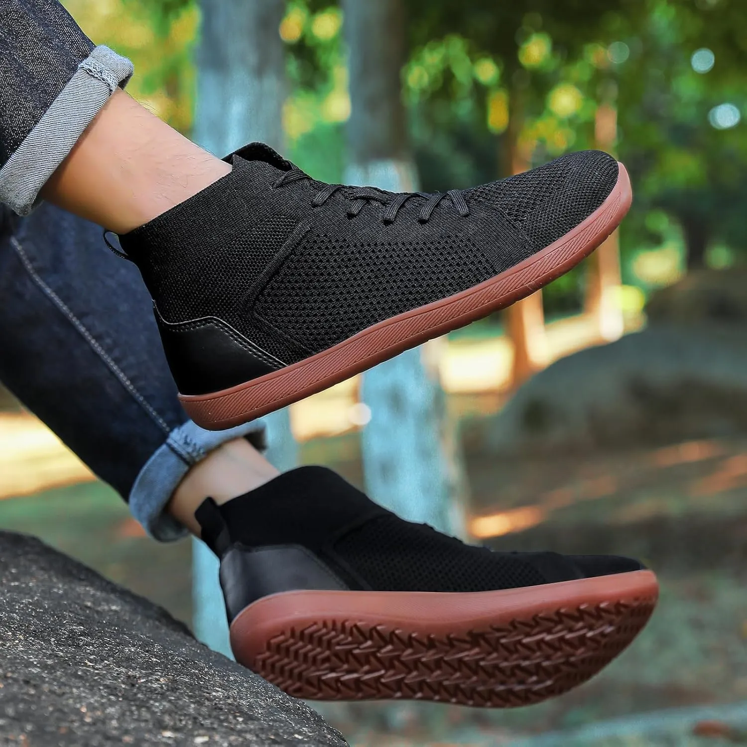 XENTORD Men's Minimalist Barefoot Shoes - Knit Lace-Up High Top Boots with Wide Toe Box Zero Drop Sole for Outdoor Driving & Walking | Lightweight Comfortable & Anti-Slip