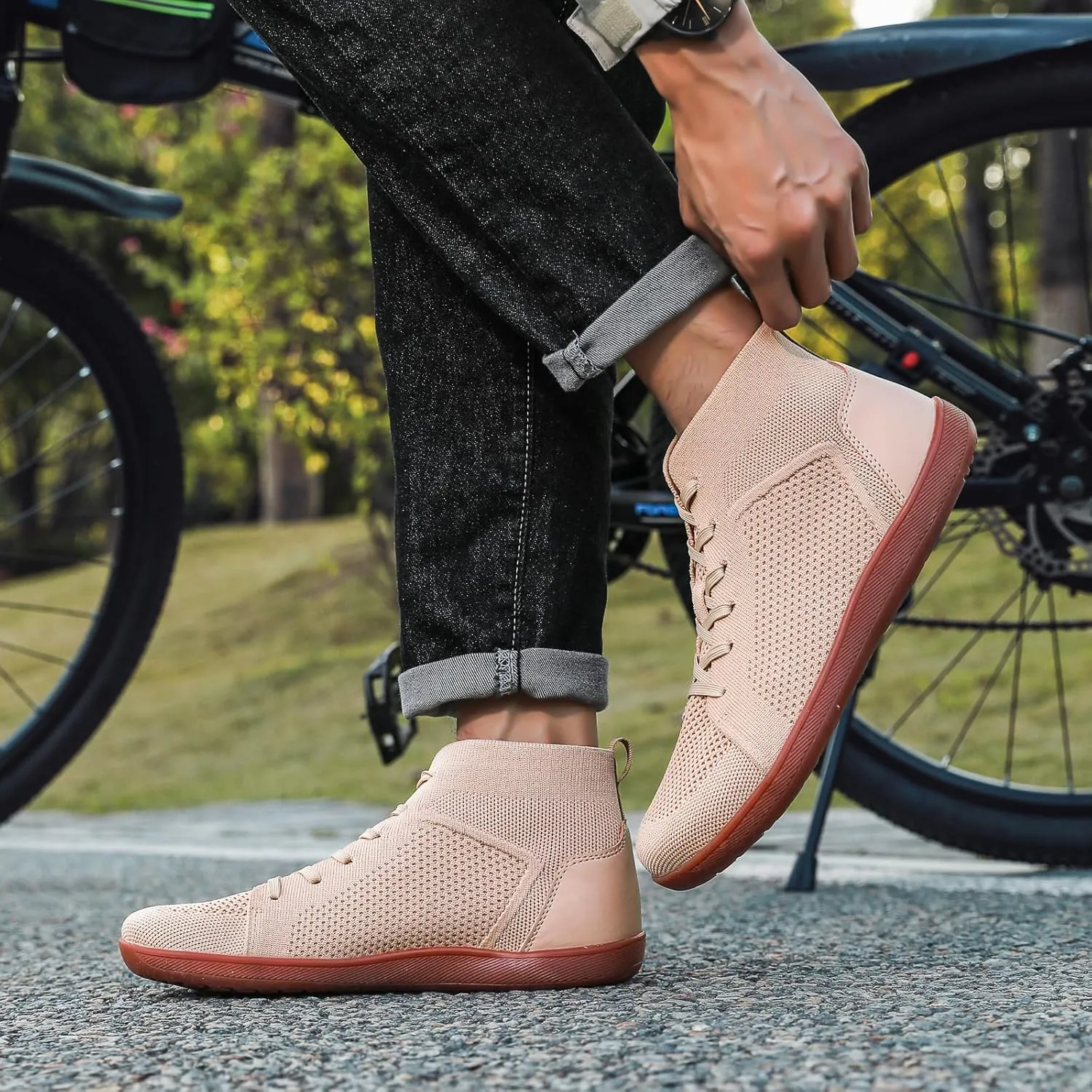 XENTORD Men's Minimalist Barefoot Shoes - Knit Lace-Up High Top Boots with Wide Toe Box Zero Drop Sole for Outdoor Driving & Walking | Lightweight Comfortable & Anti-Slip