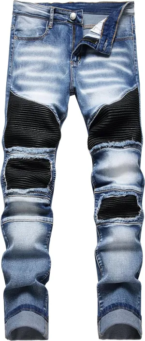 XIMXIMMTIAN Men's Biker Moto Washed Distressed Slim Fit Straight Jeans Denim…