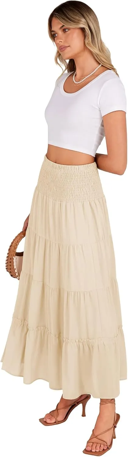 Zeagoo Women's Long Maxi Skirts Tiered Elastic High Waist Boho Double Layered Print A-Line Casual Midi Dress