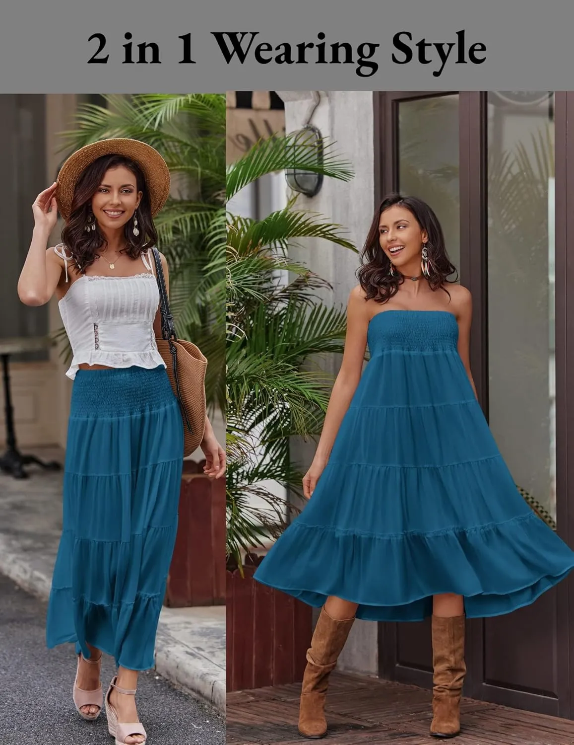 Zeagoo Women's Long Maxi Skirts Tiered Elastic High Waist Boho Double Layered Print A-Line Casual Midi Dress