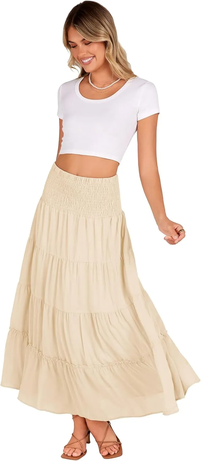 Zeagoo Women's Long Maxi Skirts Tiered Elastic High Waist Boho Double Layered Print A-Line Casual Midi Dress