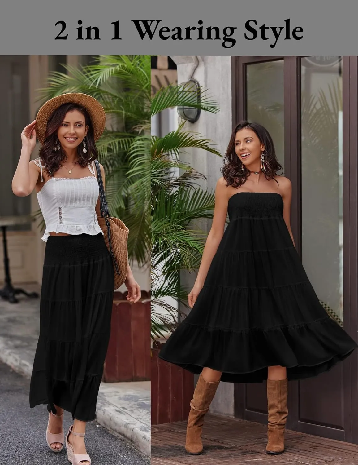 Zeagoo Women's Long Maxi Skirts Tiered Elastic High Waist Boho Double Layered Print A-Line Casual Midi Dress