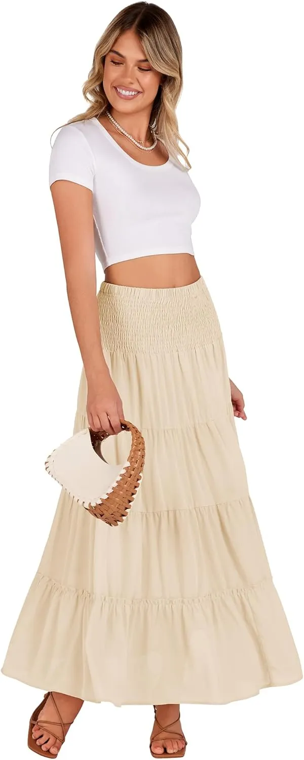 Zeagoo Women's Long Maxi Skirts Tiered Elastic High Waist Boho Double Layered Print A-Line Casual Midi Dress