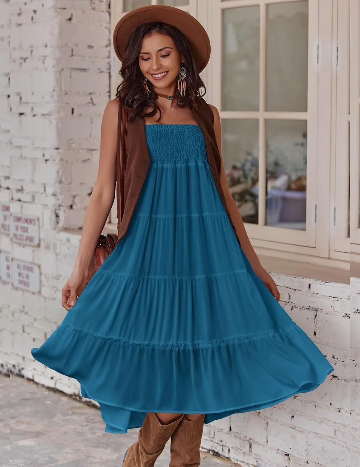 Zeagoo Women's Long Maxi Skirts Tiered Elastic High Waist Boho Double Layered Print A-Line Casual Midi Dress