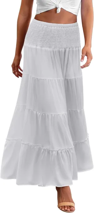 Zeagoo Women's Long Maxi Skirts Tiered Elastic High Waist Boho Double Layered Print A-Line Casual Midi Dress