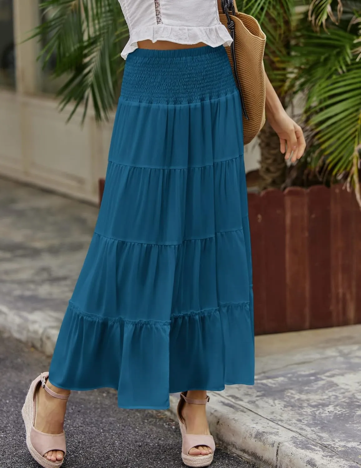 Zeagoo Women's Long Maxi Skirts Tiered Elastic High Waist Boho Double Layered Print A-Line Casual Midi Dress