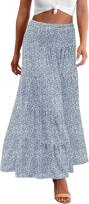 Zeagoo Women's Long Maxi Skirts Tiered Elastic High Waist Boho Double Layered Print A-Line Casual Midi Dress