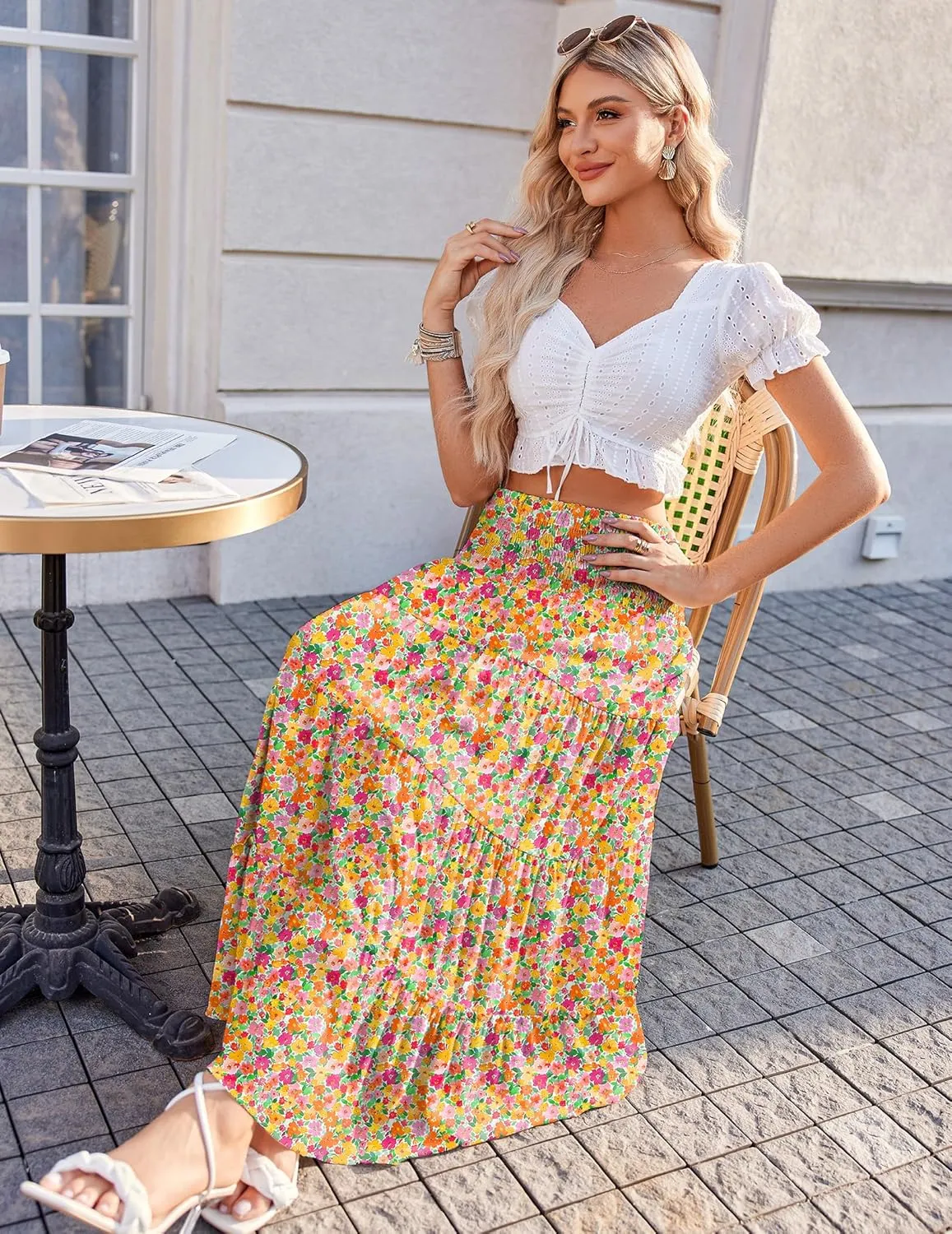 Zeagoo Women's Long Maxi Skirts Tiered Elastic High Waist Boho Double Layered Print A-Line Casual Midi Dress