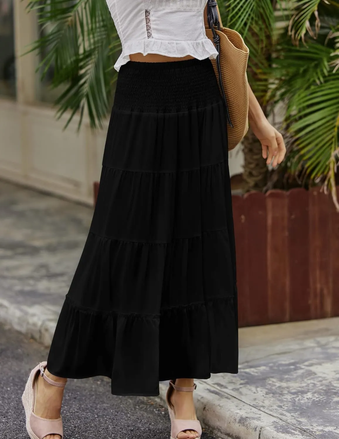 Zeagoo Women's Long Maxi Skirts Tiered Elastic High Waist Boho Double Layered Print A-Line Casual Midi Dress