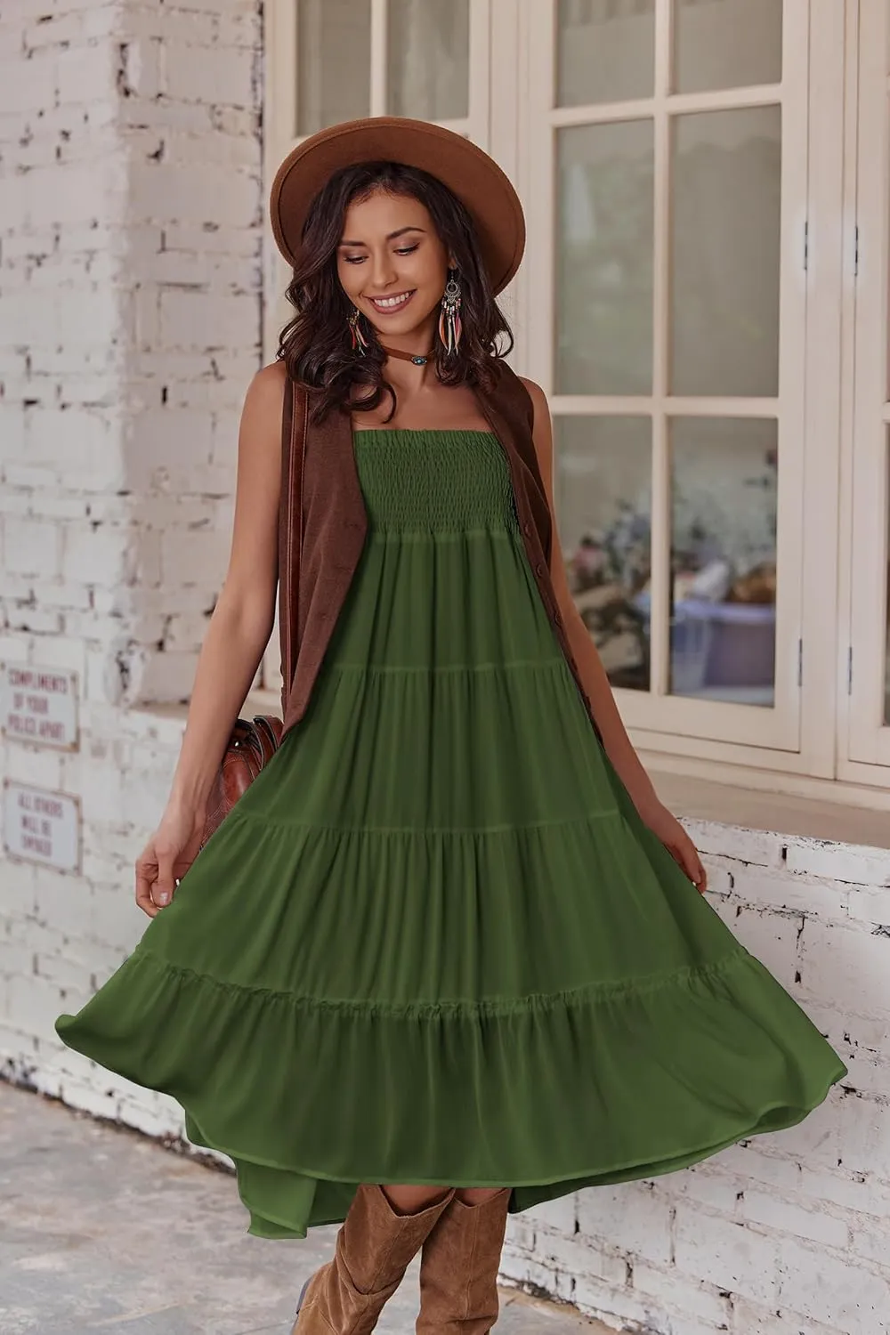 Zeagoo Women's Long Maxi Skirts Tiered Elastic High Waist Boho Double Layered Print A-Line Casual Midi Dress