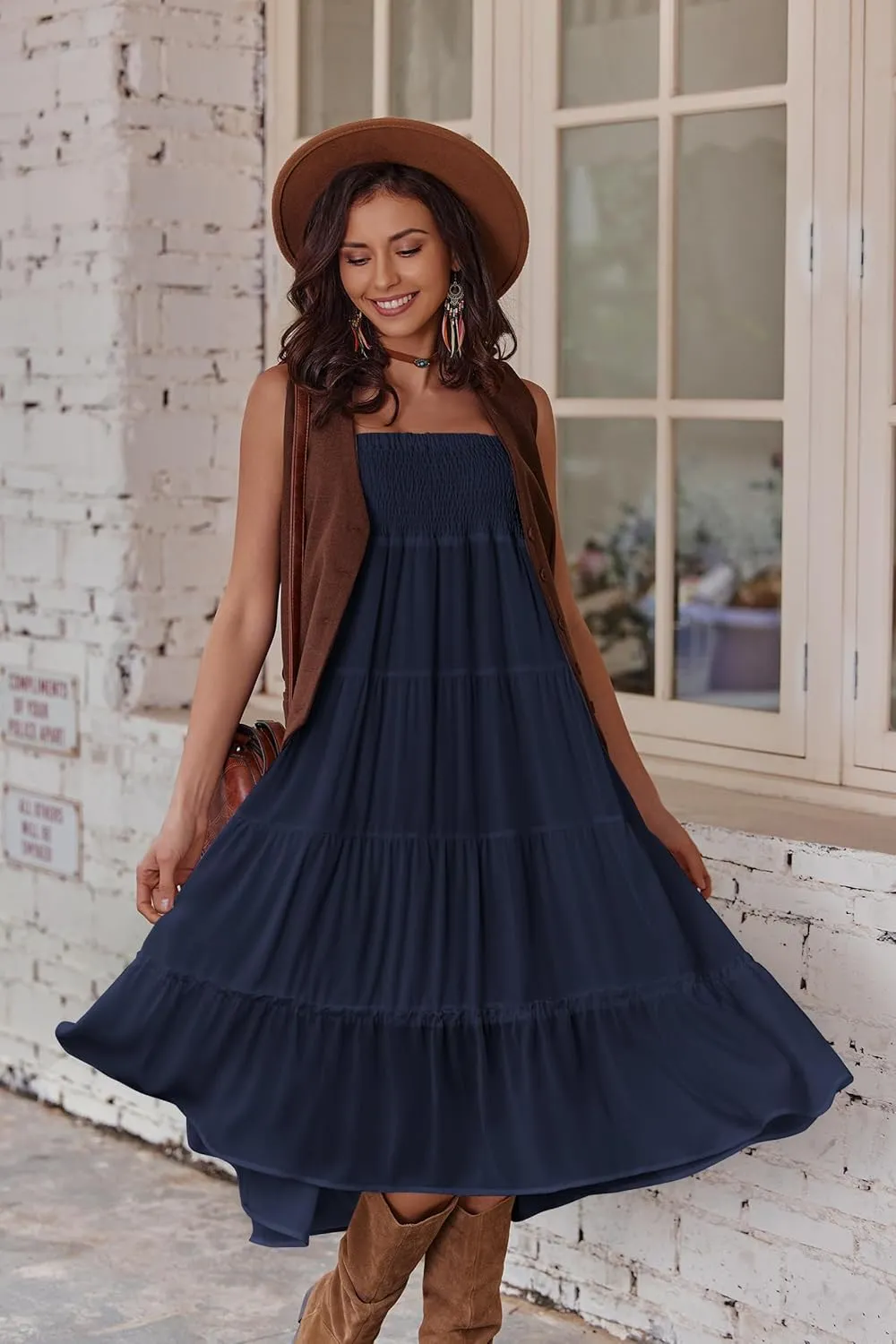 Zeagoo Women's Long Maxi Skirts Tiered Elastic High Waist Boho Double Layered Print A-Line Casual Midi Dress