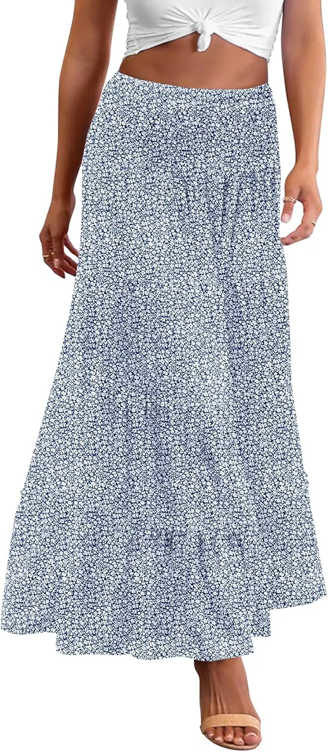 Zeagoo Women's Long Maxi Skirts Tiered Elastic High Waist Boho Double Layered Print A-Line Casual Midi Dress