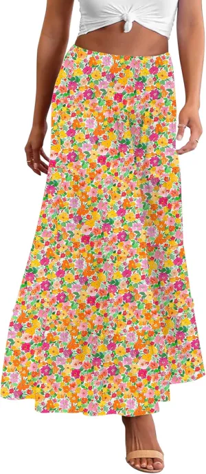 Zeagoo Women's Long Maxi Skirts Tiered Elastic High Waist Boho Double Layered Print A-Line Casual Midi Dress