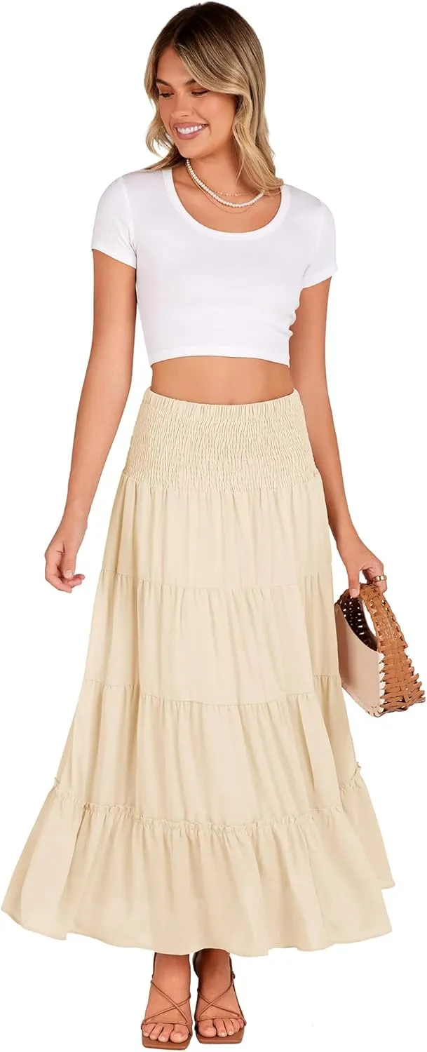 Zeagoo Women's Long Maxi Skirts Tiered Elastic High Waist Boho Double Layered Print A-Line Casual Midi Dress