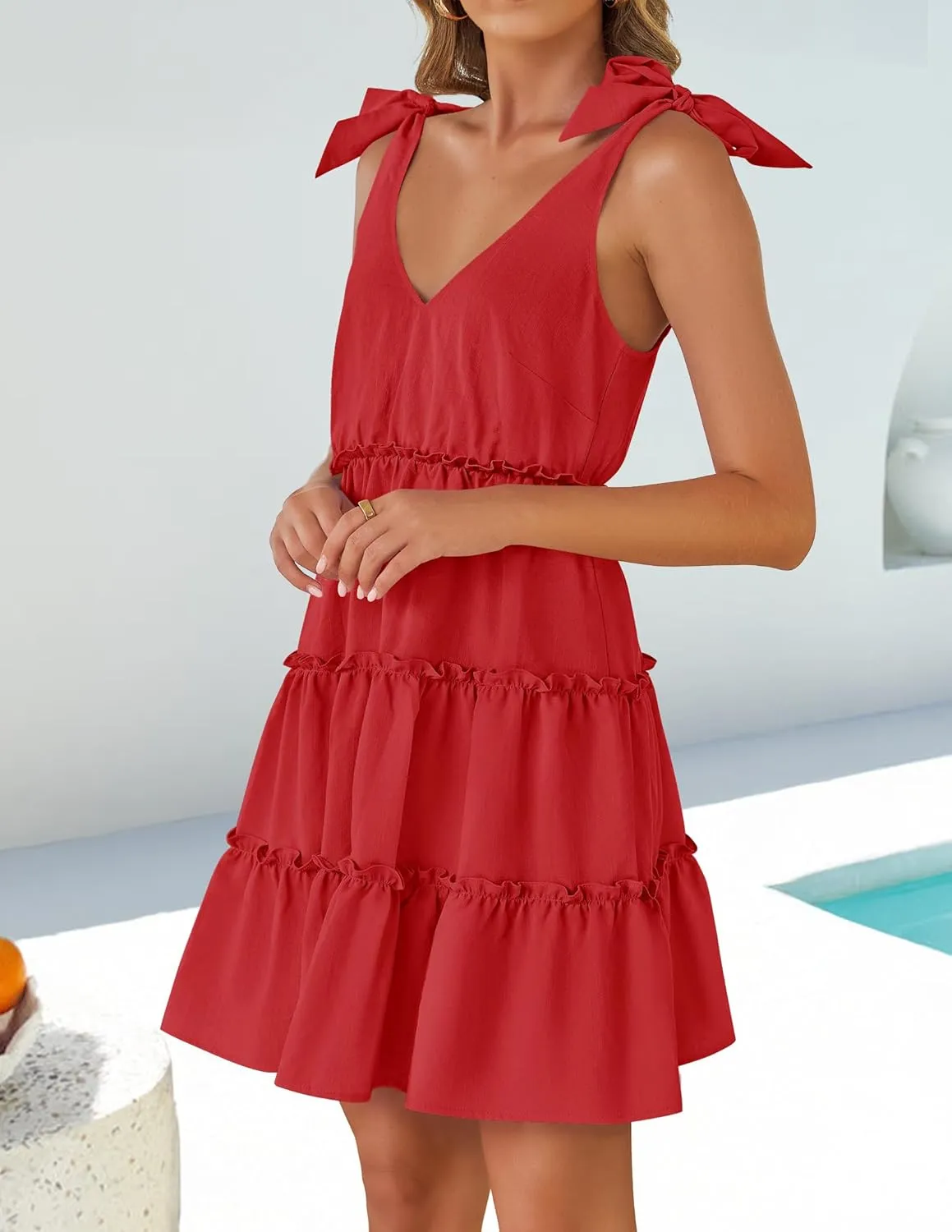 ZESICA Womens 2025 Summer Casual V Neck Sleeveless Mini Dress Tie Shoulder Tiered Ruffle Swing A Line Short Sundresses