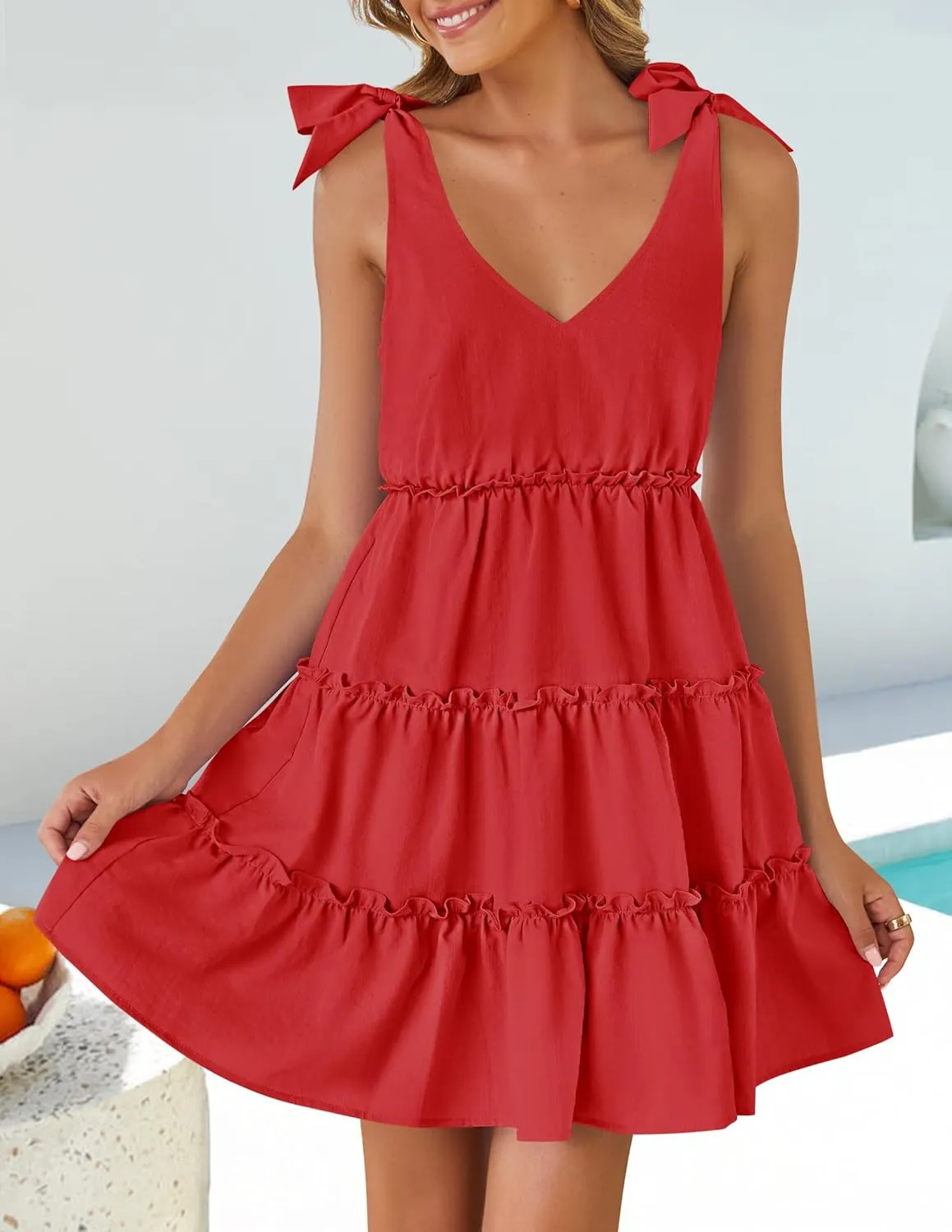 ZESICA Womens 2025 Summer Casual V Neck Sleeveless Mini Dress Tie Shoulder Tiered Ruffle Swing A Line Short Sundresses