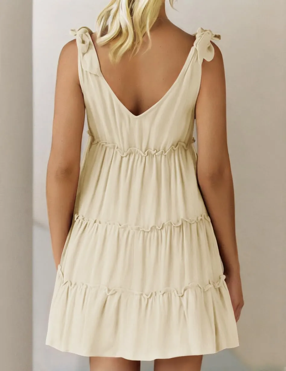 ZESICA Womens 2025 Summer Casual V Neck Sleeveless Mini Dress Tie Shoulder Tiered Ruffle Swing A Line Short Sundresses
