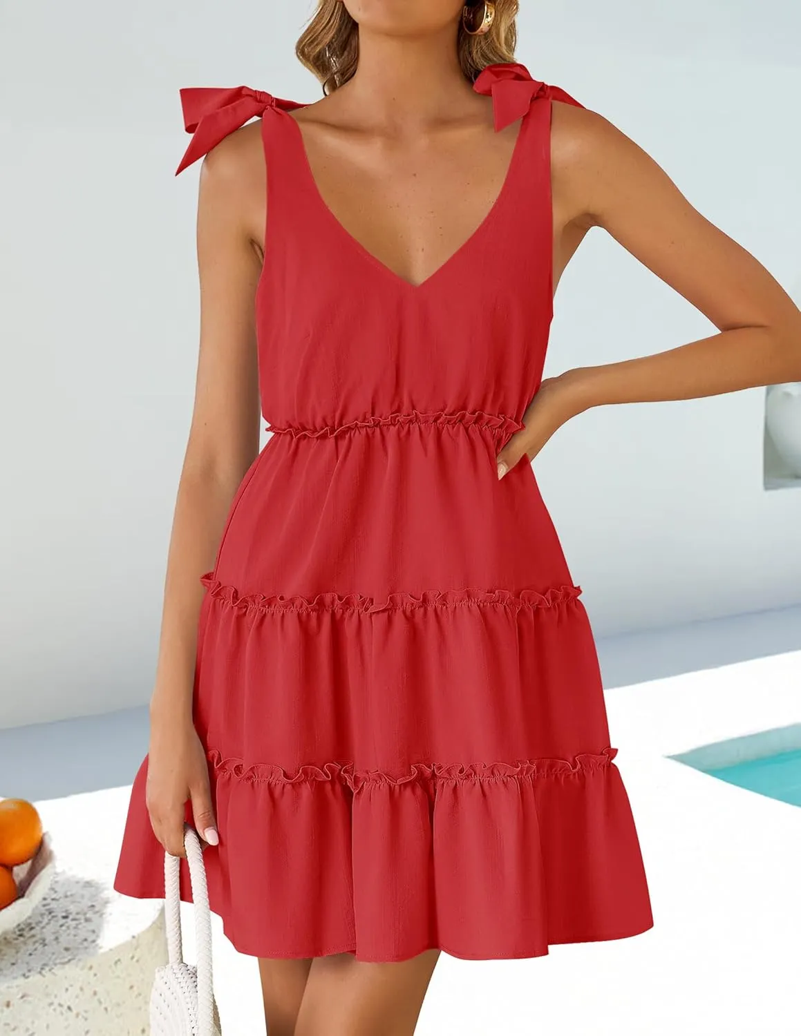 ZESICA Womens 2025 Summer Casual V Neck Sleeveless Mini Dress Tie Shoulder Tiered Ruffle Swing A Line Short Sundresses
