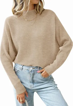 ZESICA Women's Fall Turtleneck Batwing Long Sleeve Ribbed Knit Casual Soft Pullover Sweater Jumper Top