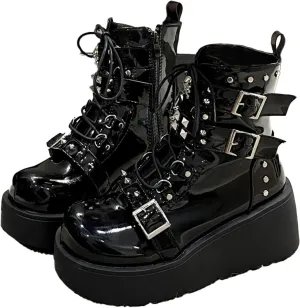 ZKXYFFS Platform Ankle Boots for Women Chunky High Heel Booties Goth Round Toe Combat Wedges Boots Buckle Studded Motorcycle Booties