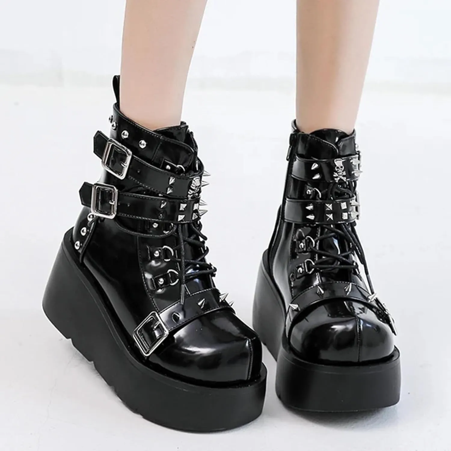 ZKXYFFS Platform Ankle Boots for Women Chunky High Heel Booties Goth Round Toe Combat Wedges Boots Buckle Studded Motorcycle Booties