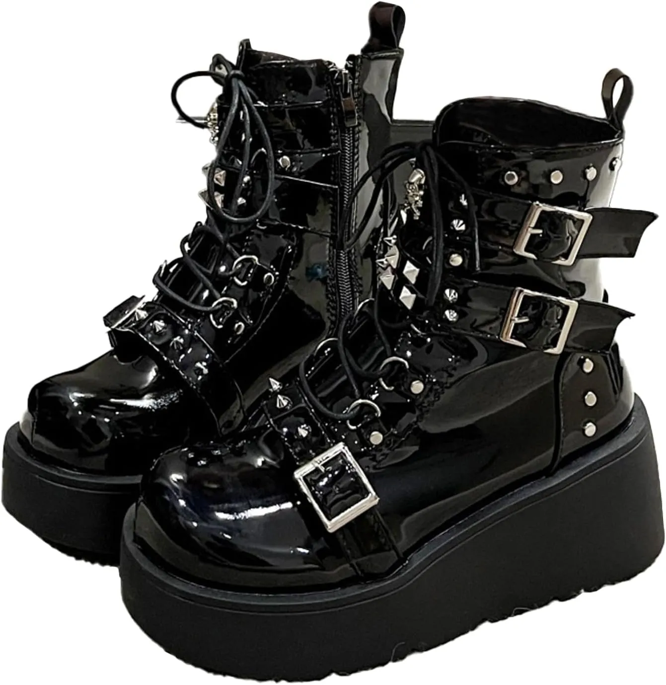 ZKXYFFS Platform Ankle Boots for Women Chunky High Heel Booties Goth Round Toe Combat Wedges Boots Buckle Studded Motorcycle Booties
