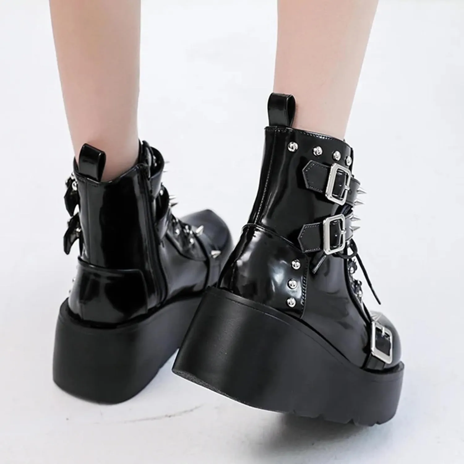 ZKXYFFS Platform Ankle Boots for Women Chunky High Heel Booties Goth Round Toe Combat Wedges Boots Buckle Studded Motorcycle Booties