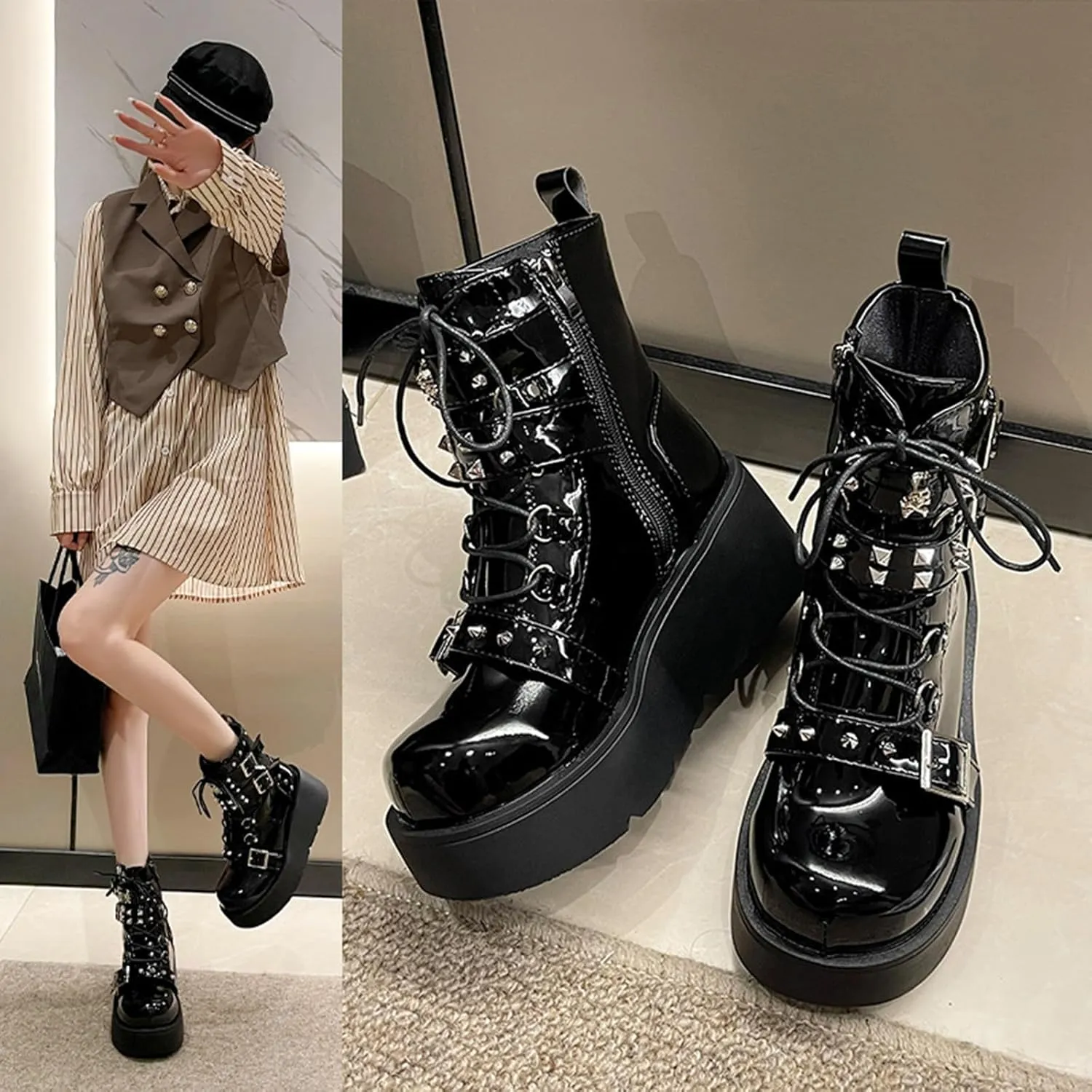 ZKXYFFS Platform Ankle Boots for Women Chunky High Heel Booties Goth Round Toe Combat Wedges Boots Buckle Studded Motorcycle Booties