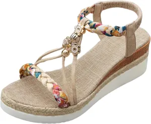 ZSpzx 2025 Boho Espadrille Wedge Sandals for Women Summer Open Toe Arch Support Orthopedic Platform Sandals Low Wedges Glitter Comfortable Breathable Shoes for Beach Party Outdoor Indoor