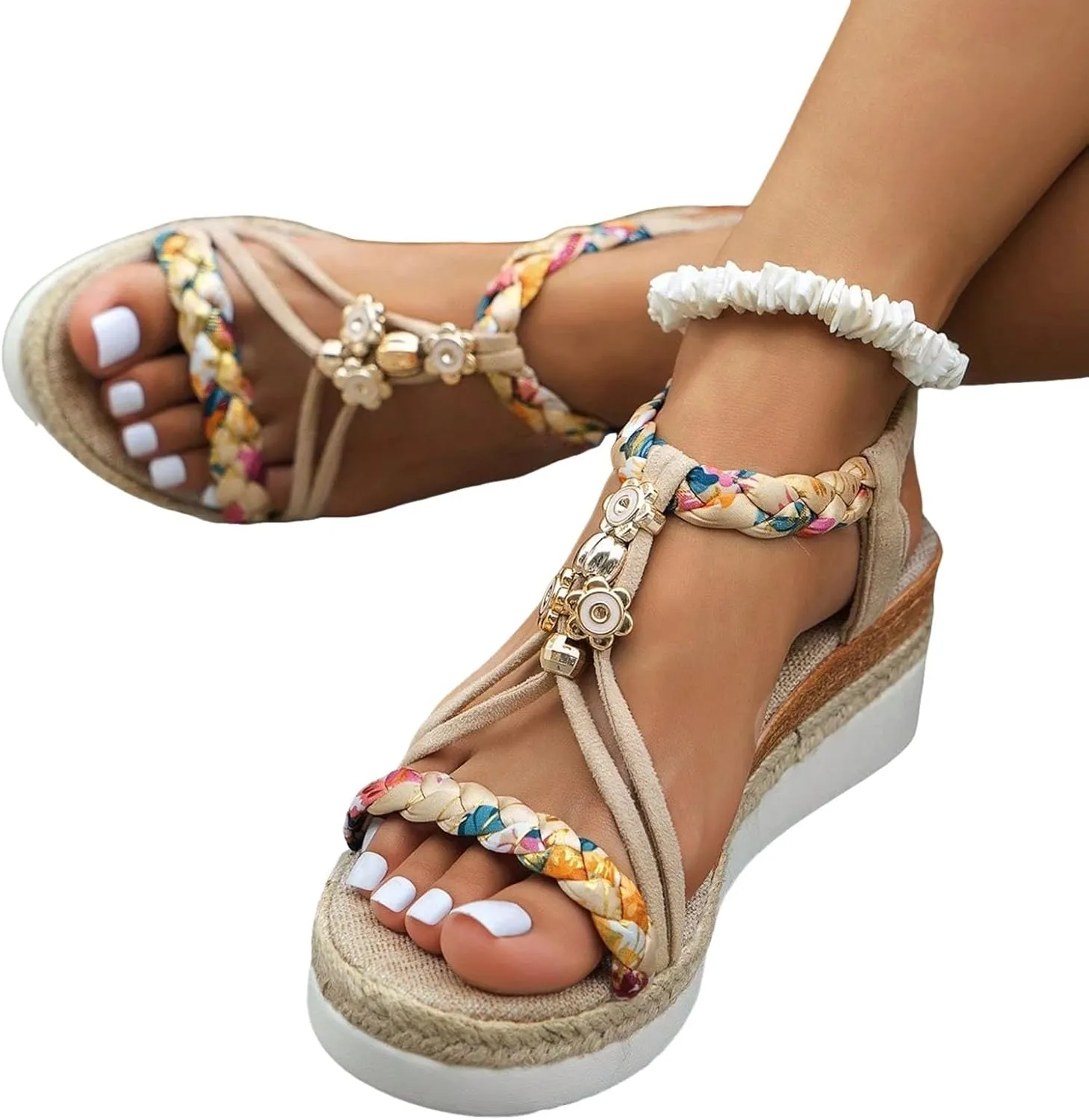 ZSpzx 2025 Boho Espadrille Wedge Sandals for Women Summer Open Toe Arch Support Orthopedic Platform Sandals Low Wedges Glitter Comfortable Breathable Shoes for Beach Party Outdoor Indoor