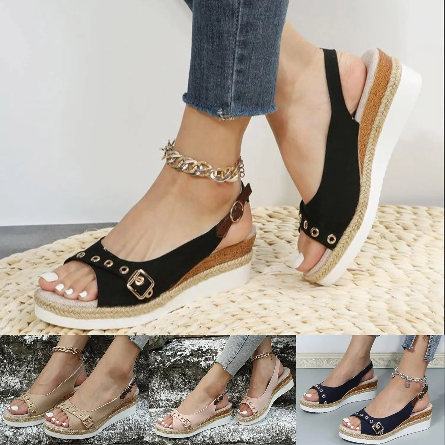 ZSpzx Espadrilles Wedge Sandals for Women 2025 Orthopedic Dressy Summer Walking Slippers Arch Support Platform Sandal Womens Comfortable Open Toe Ankle Strap Boho Casual Slip on Beach Shoes