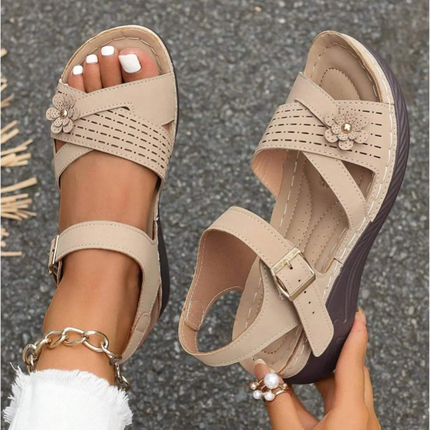 ZSpzx Orthopedic Wedge Sandals for Women Dressy Summer 2025 Comfortable Flowers Open Toe Ankle Strap Womens Sandal Platform Casual Strappy Wedges Slip on Low Walking Shoes for Party Beach