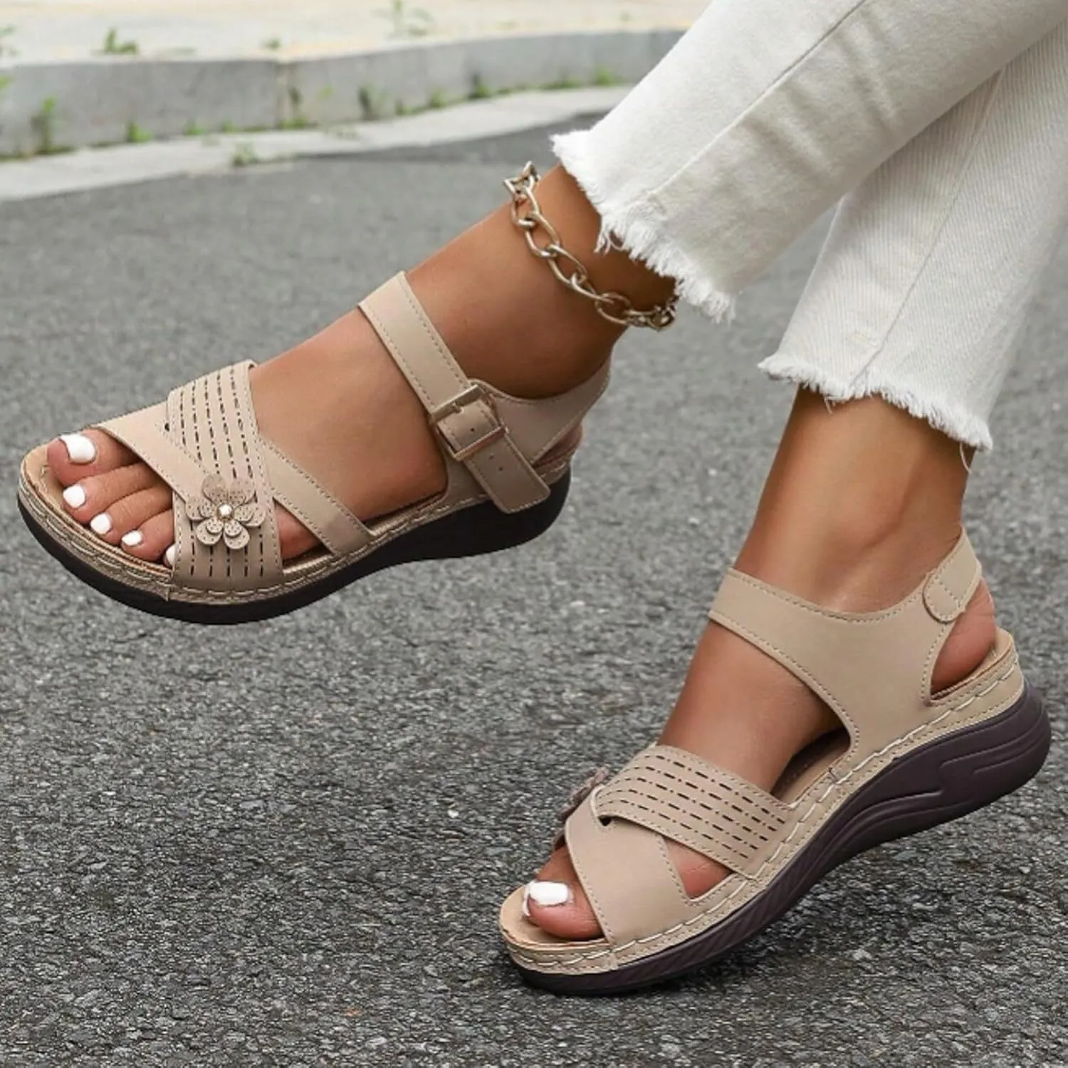 ZSpzx Orthopedic Wedge Sandals for Women Dressy Summer 2025 Comfortable Flowers Open Toe Ankle Strap Womens Sandal Platform Casual Strappy Wedges Slip on Low Walking Shoes for Party Beach