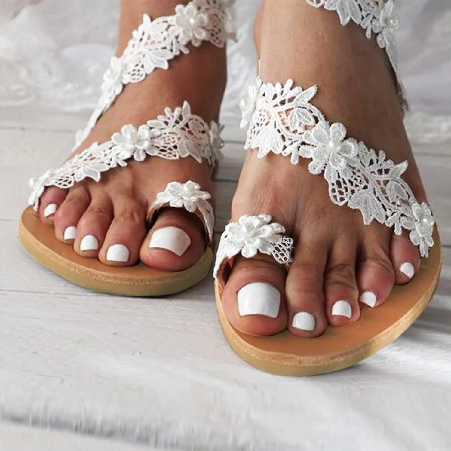 ZSpzx Summer Flat Sandals for Women Clip Toe Flower Rhinestones Lace Strap Lightweight Slingback Sandal Comfortable Cushion Footbed Dressy Sexy Shoes for Wedding Bridal Evening Cocktail