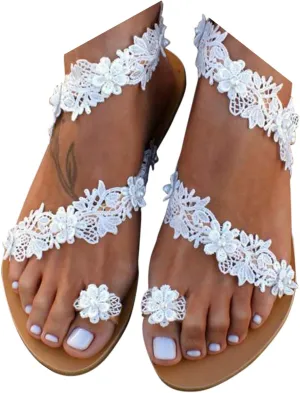 ZSpzx Summer Flat Sandals for Women Clip Toe Flower Rhinestones Lace Strap Lightweight Slingback Sandal Comfortable Cushion Footbed Dressy Sexy Shoes for Wedding Bridal Evening Cocktail