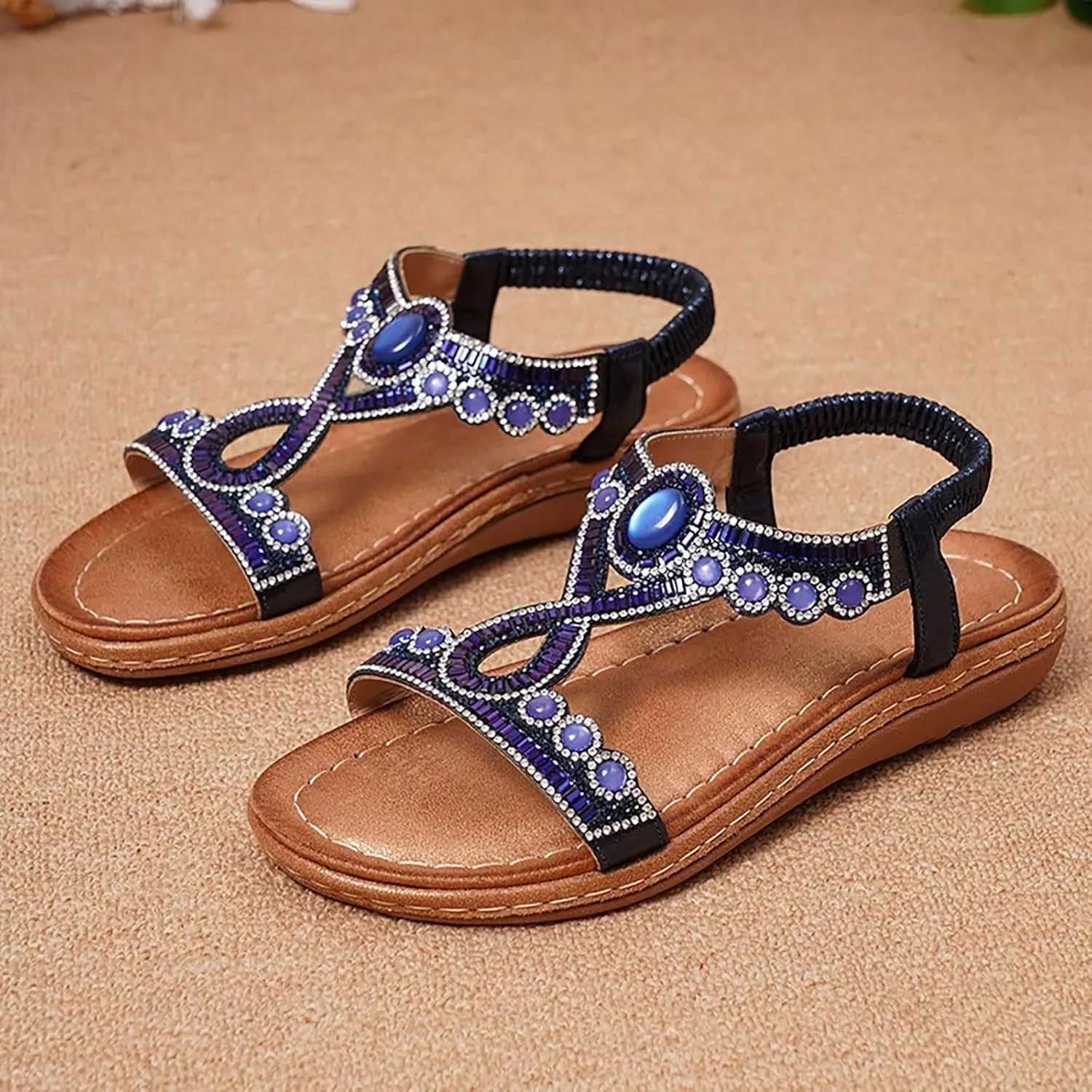ZSpzx Wedge Sandals For Women Platform Wedges Heels Comfortable Women's T-Strap Sandal Open Toe Rhinestone Beaded Slip-On Dressy Flat Low Heel Elastic Strap Summer Womens Bohe Walking Beach Shoes