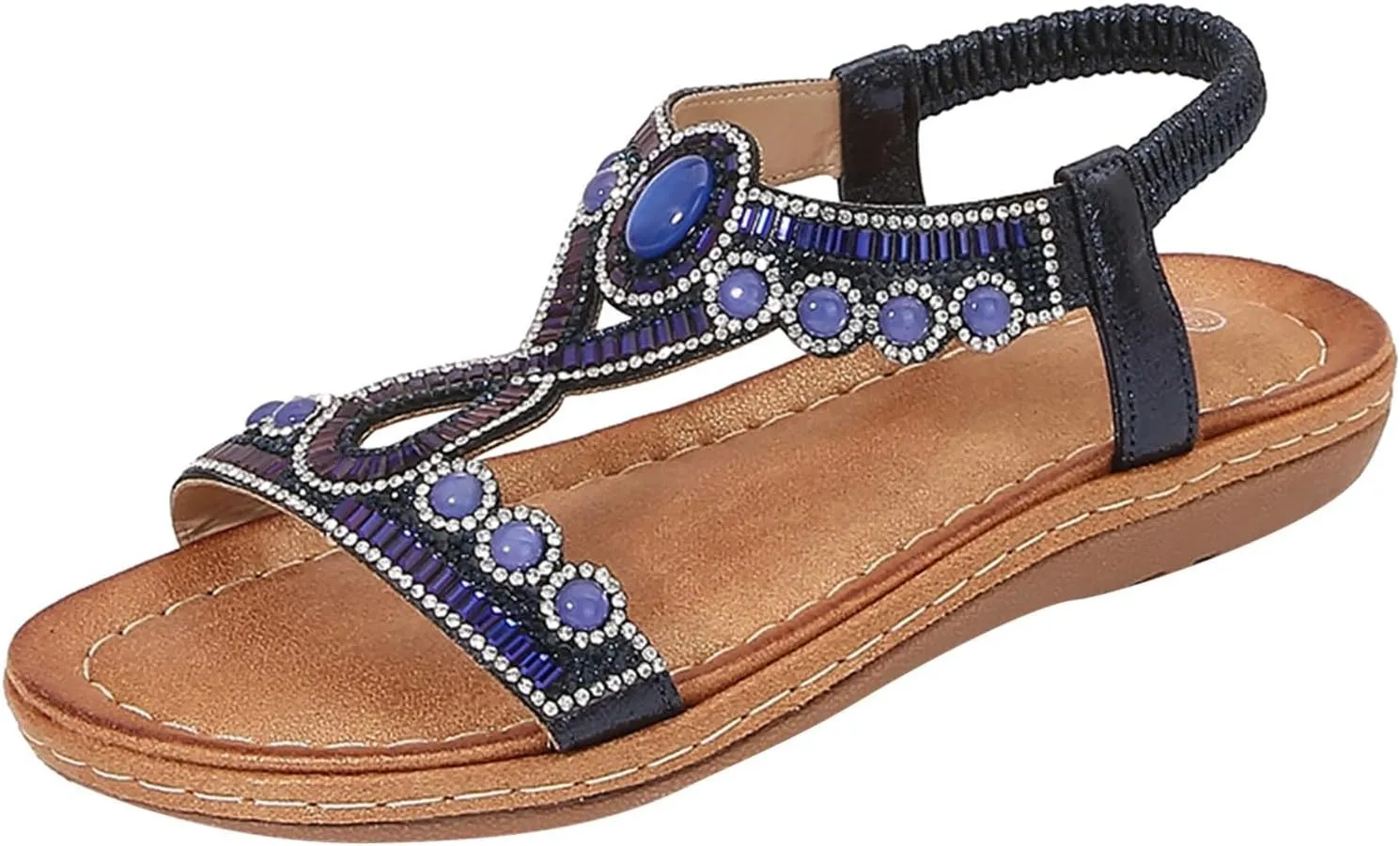 ZSpzx Wedge Sandals For Women Platform Wedges Heels Comfortable Women's T-Strap Sandal Open Toe Rhinestone Beaded Slip-On Dressy Flat Low Heel Elastic Strap Summer Womens Bohe Walking Beach Shoes