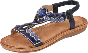 ZSpzx Wedge Sandals For Women Platform Wedges Heels Comfortable Women's T-Strap Sandal Open Toe Rhinestone Beaded Slip-On Dressy Flat Low Heel Elastic Strap Summer Womens Bohe Walking Beach Shoes