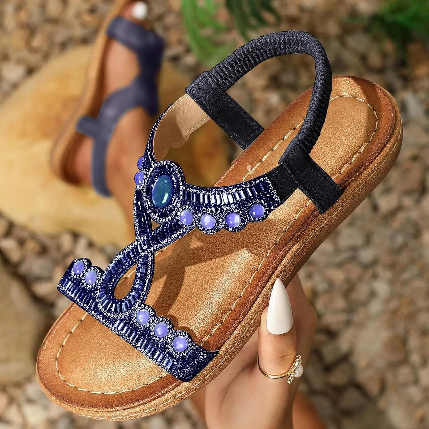 ZSpzx Wedge Sandals For Women Platform Wedges Heels Comfortable Women's T-Strap Sandal Open Toe Rhinestone Beaded Slip-On Dressy Flat Low Heel Elastic Strap Summer Womens Bohe Walking Beach Shoes