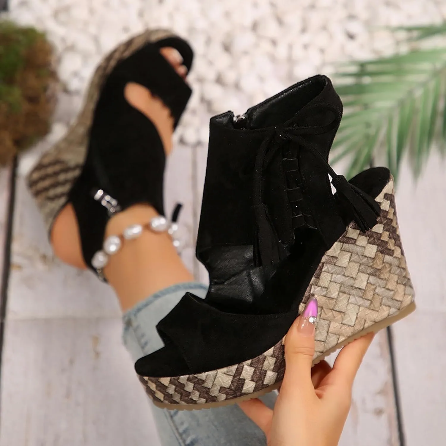 ZSpzx Women's Wedge Sandals For Women 2025 Comfortable Tassel Lace Up Slip on Open Toe Platform Summer Mules Shoes Dressy Sandal Wedges Fish Mouth Beach Slippers for Party Casual Beach Vacation