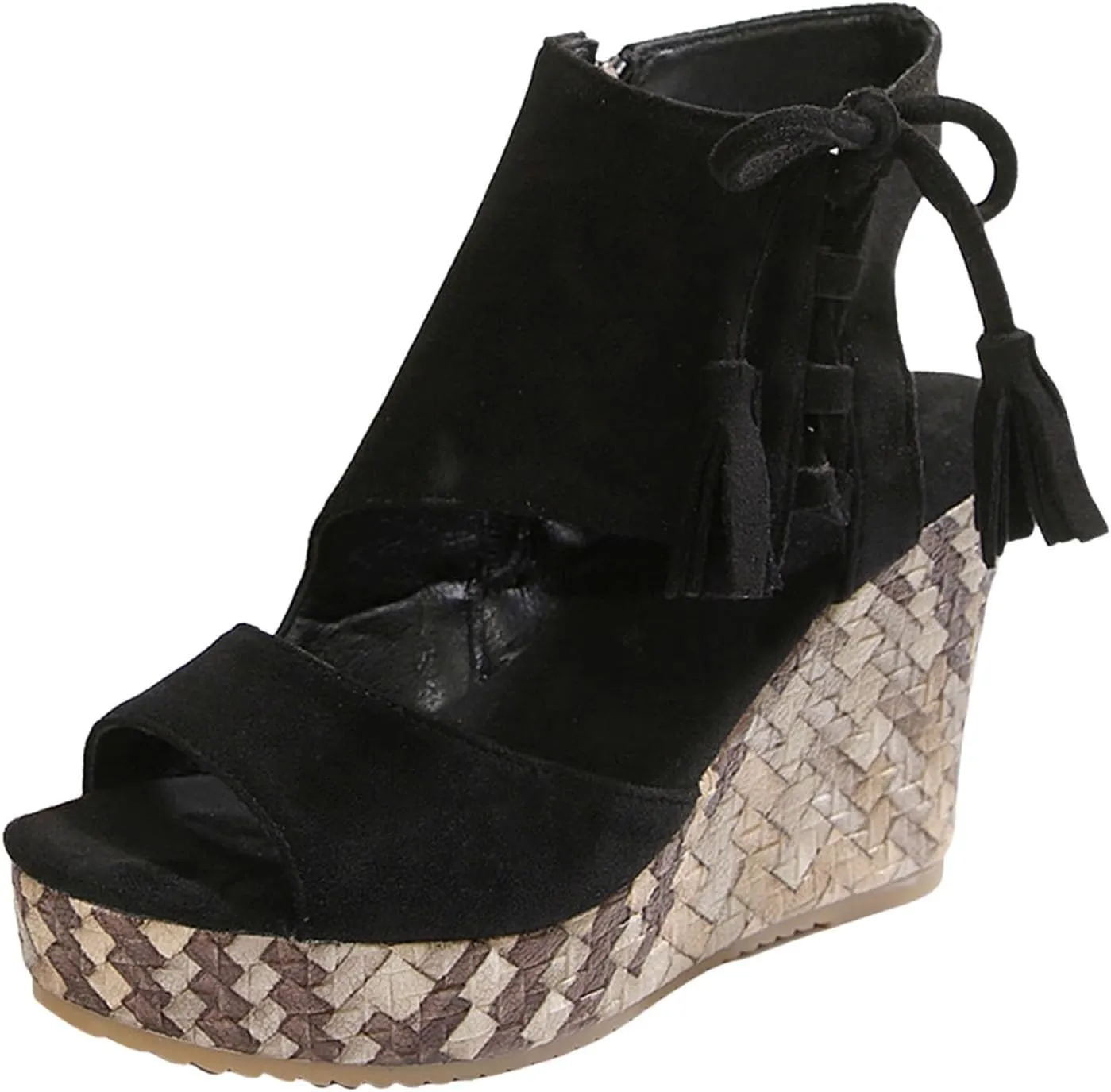 ZSpzx Women's Wedge Sandals For Women 2025 Comfortable Tassel Lace Up Slip on Open Toe Platform Summer Mules Shoes Dressy Sandal Wedges Fish Mouth Beach Slippers for Party Casual Beach Vacation