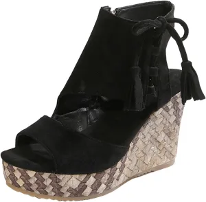 ZSpzx Women's Wedge Sandals For Women 2025 Comfortable Tassel Lace Up Slip on Open Toe Platform Summer Mules Shoes Dressy Sandal Wedges Fish Mouth Beach Slippers for Party Casual Beach Vacation