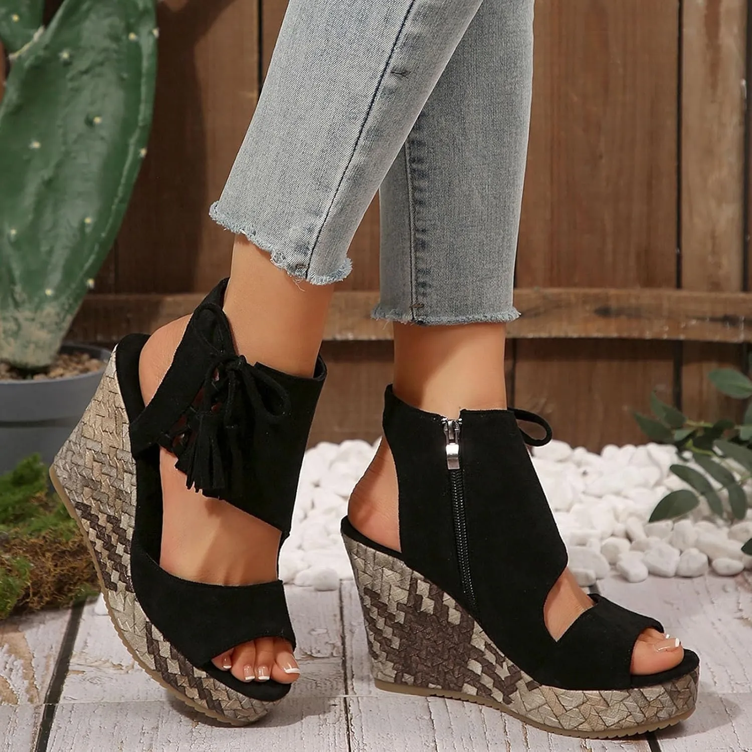 ZSpzx Women's Wedge Sandals For Women 2025 Comfortable Tassel Lace Up Slip on Open Toe Platform Summer Mules Shoes Dressy Sandal Wedges Fish Mouth Beach Slippers for Party Casual Beach Vacation