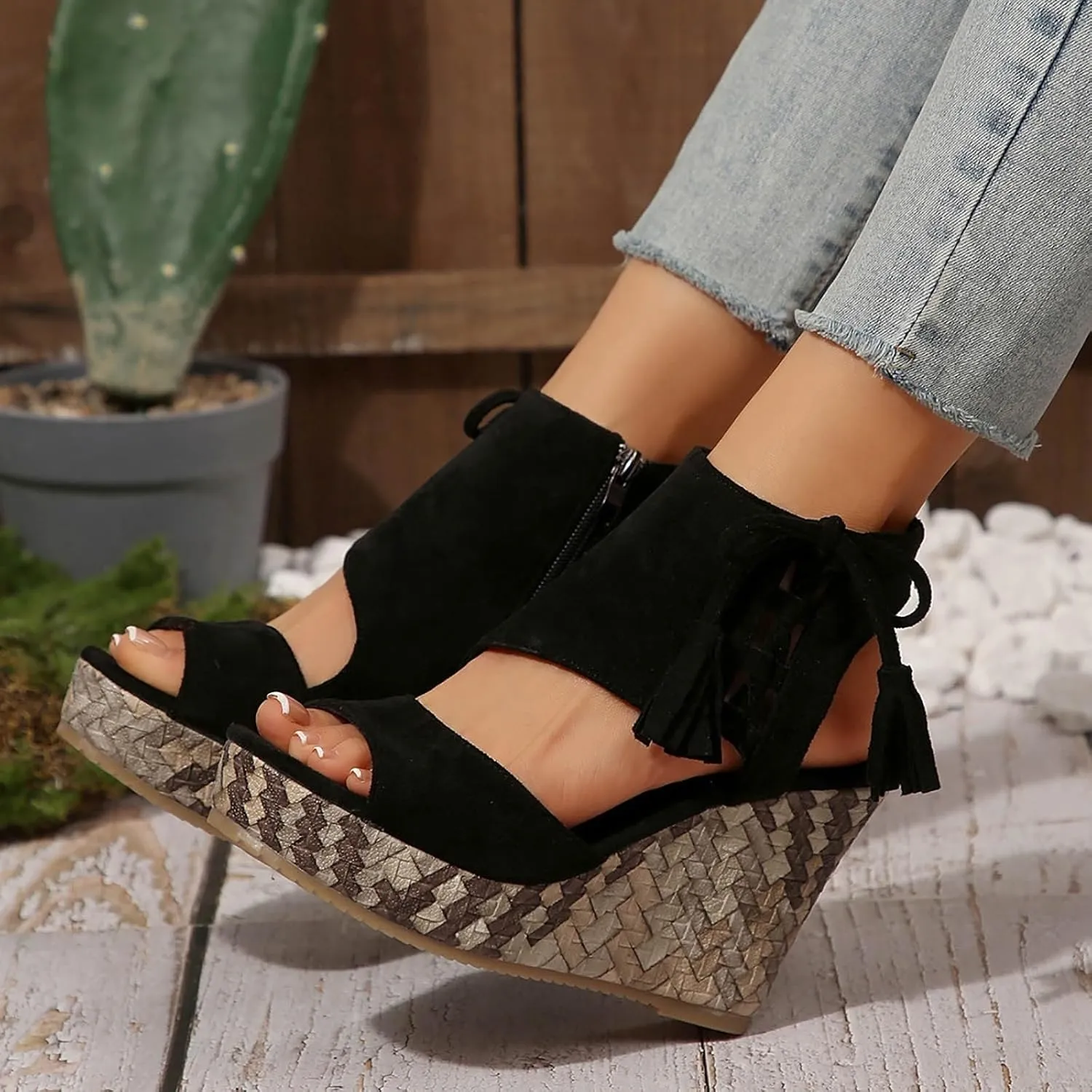 ZSpzx Women's Wedge Sandals For Women 2025 Comfortable Tassel Lace Up Slip on Open Toe Platform Summer Mules Shoes Dressy Sandal Wedges Fish Mouth Beach Slippers for Party Casual Beach Vacation