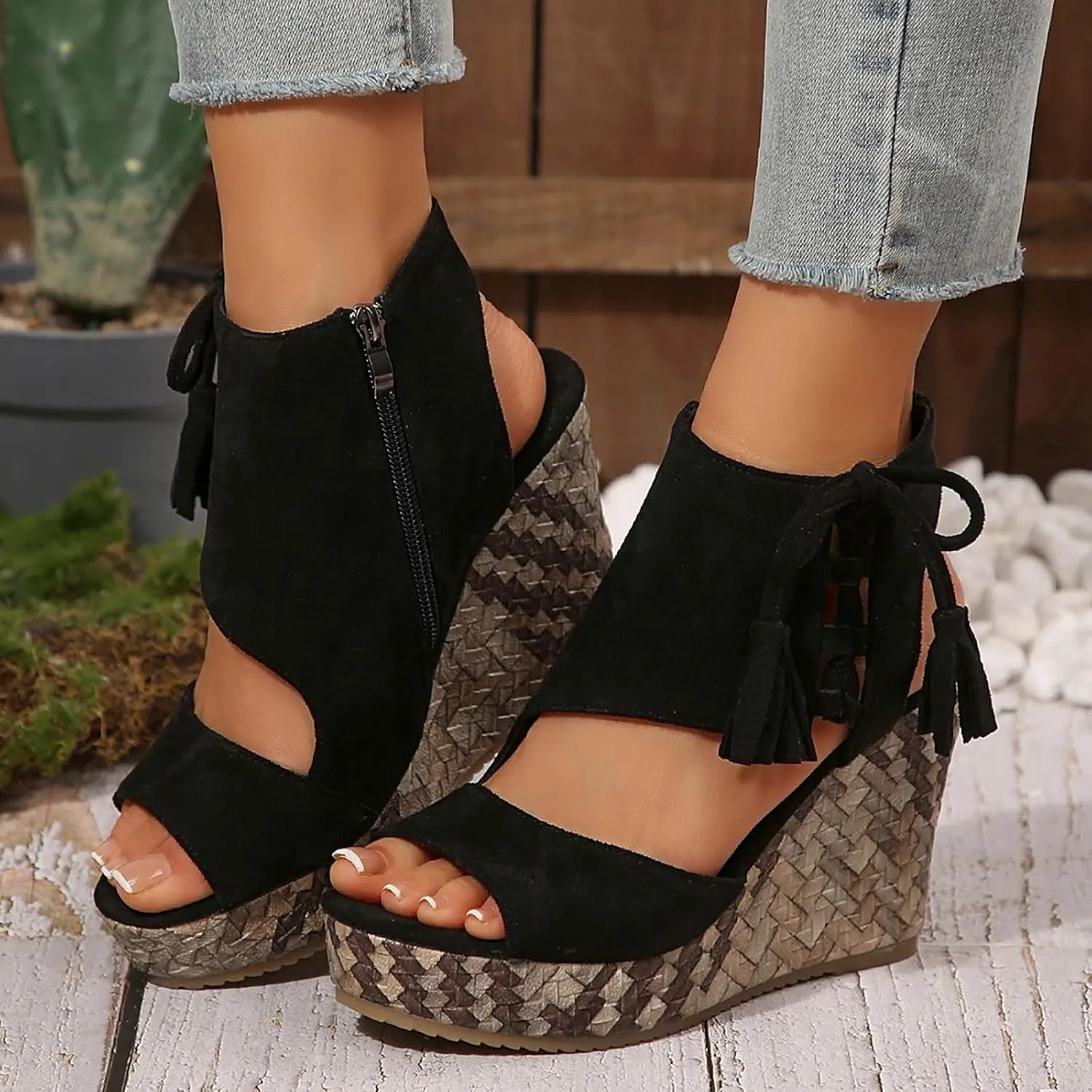 ZSpzx Women's Wedge Sandals For Women 2025 Comfortable Tassel Lace Up Slip on Open Toe Platform Summer Mules Shoes Dressy Sandal Wedges Fish Mouth Beach Slippers for Party Casual Beach Vacation