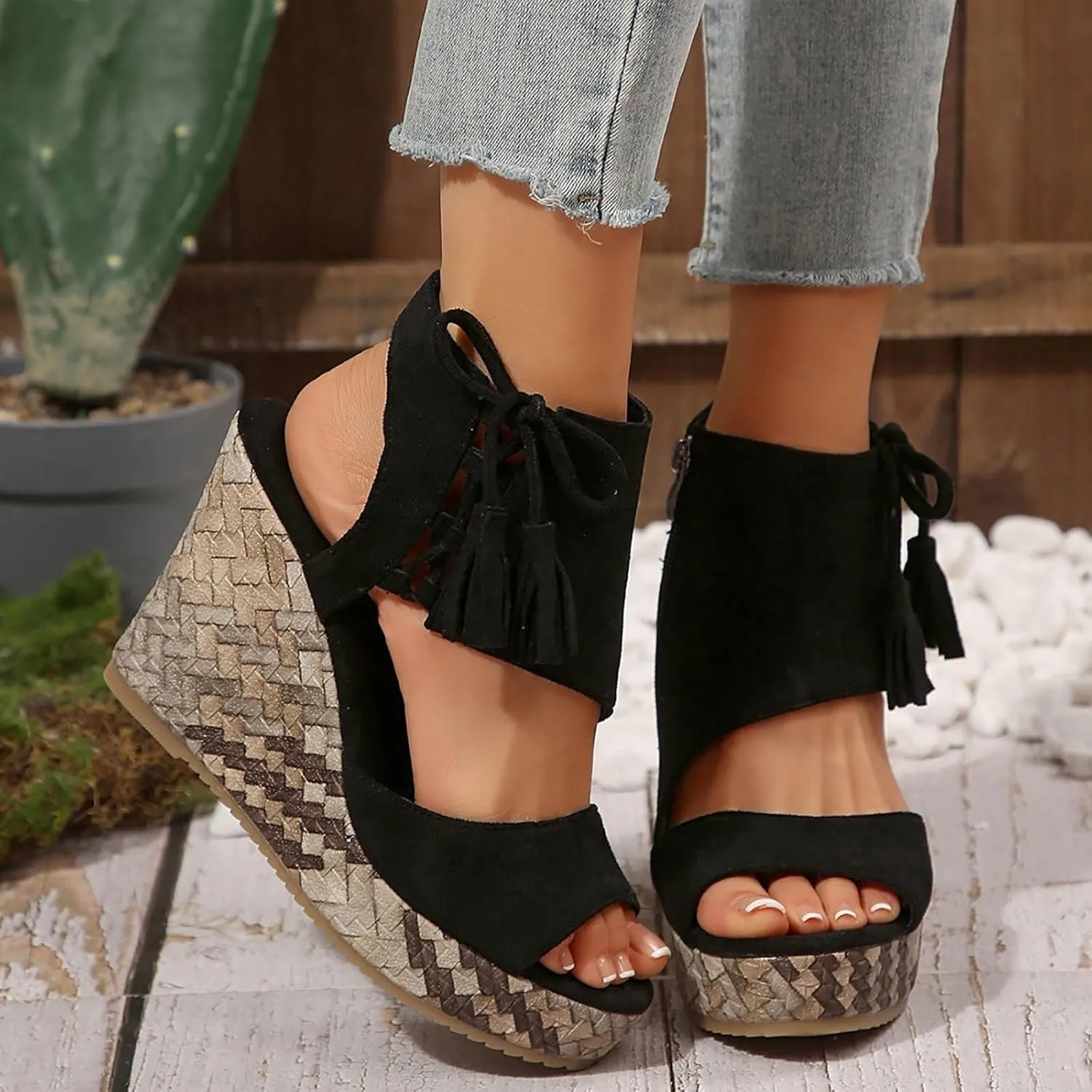 ZSpzx Women's Wedge Sandals For Women 2025 Comfortable Tassel Lace Up Slip on Open Toe Platform Summer Mules Shoes Dressy Sandal Wedges Fish Mouth Beach Slippers for Party Casual Beach Vacation